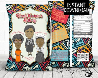 Può includere: Un design colorato per un sacchetto di patatine fritte con illustrazioni di tre donne nere: Shirley Chisholm, Sojourner Truth e Mary McLeod Bethune. Il sacchetto è intitolato "Black Women's History" e include un'etichetta di informazioni nutrizionali con informazioni sulla storia degli afroamericani.