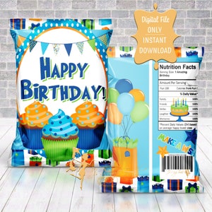 May include: A blue and orange printable party favor bag with a "Happy Birthday!" design featuring cupcakes and presents. The bag has a nutrition facts label with a fun theme.