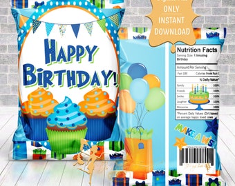 Può includere: Un sacchetto per bomboniere stampabile blu e arancione con un design "Buon compleanno!" con cupcake e regali. Il sacchetto ha un'etichetta di informazioni nutrizionali con un tema divertente.