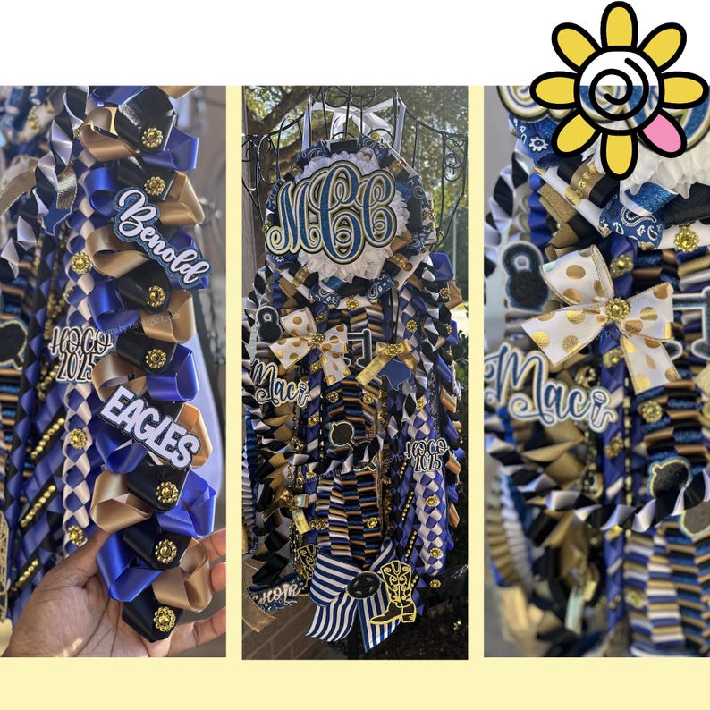 Puede incluir: Mums de bienvenida en azul, dorado y negro. Las mums presentan cintas, lazos y etiquetas de nombre personalizadas. Algunas tienen los nombres "Benold" y "Maci".