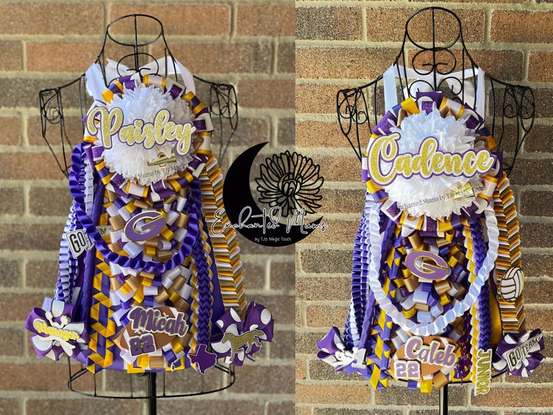 Puede incluir: Dos decoraciones de fiesta de bienvenida en morado, dorado y blanco. Cada una presenta un nombre, un emblema escolar y cintas decorativas. Una tiene el nombre "Paisley" y la otra "Cadence".
