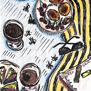 Puede incluir: Ilustración artística de una mesa con vino, fruta y pasteles. Se ven una botella de vino y varios vasos, junto con platos de cerezas, albaricoques y una porción de pastel. El mantel tiene rayas amarillas y negras.