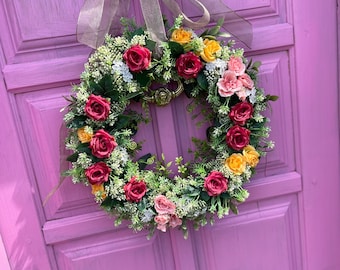 Fall Red Rose Wreath, Artificial Flowers Wreath for Front Door, Fall Centerpiece