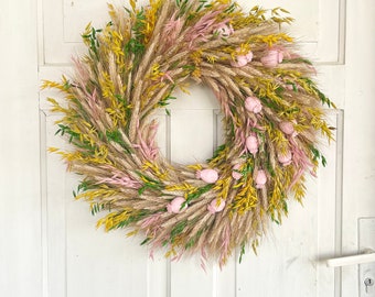 20 Inches Dried Flowers Wreath, Rye Oat Poppy Decor, Natural Spring Door Wreath, Large Rustic Wreath