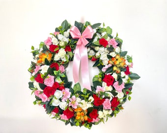 Real Touch Red Rose Wreath with Pink Ribbon, White Orange Roses Arrangement