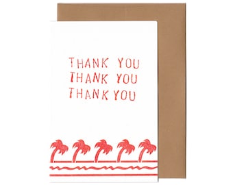 Thank You Card | Hand-Stamped Lettering | Red Palm Trees Beach Pattern | Simple Graphic | Thanks & Appreciation