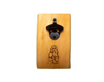 Wooden wall bottle opener with a funny engraving: Beermaid