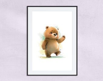 Kids Wall Art, Watercolor Animal Print, Nursery Art Print, Printable Illustration with Bear, Animal Nursery Decor, Digital Print