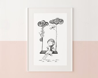 Girl on a Swing with a Snail and Butterfly, Nursery Printable, Black and White Wall Art, Kids Decoration, Hand Drawn Art, Instant Download