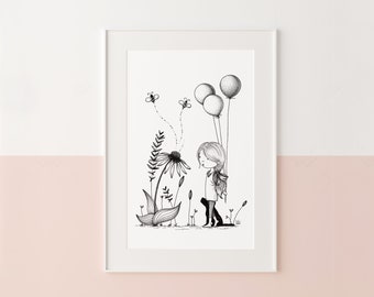 Girl with Balloons Nursery Decor Art Print, Botanical Print, Black and White Wall Art Print, Digital Download