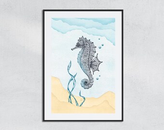 Beach Decor Printable, Seahorse Wall Art, Mix Media Art, Abstract Seahorse, Watercolor Digital Print, Marine Home Decor