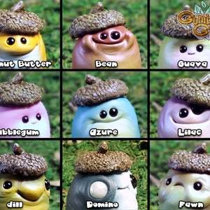 May include: Nine small, hand-painted, acorn-shaped figurines with different colours and facial expressions. Each figurine has a unique name, including Peanut Butter, Bean, Guava, Bubblegum, Azure, Lilac, Dill, Domino, and Fawn.