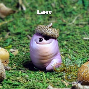 May include: A small, purple, clay figurine with a smiling face and a brown acorn hat. The figurine is sitting on a bed of green moss.