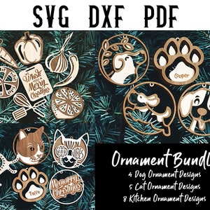 16 Christmas Ornament Bundle (Dog, Cat, Kitchen) Laser Cut Files - SVG / Dxf / Dwg / Ai / eps / png / Laser Cutting / Glowforge