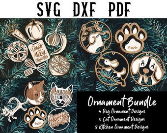 Christmas Ornament Laser Cut Files: Dog, Cat, Kitchen Bundle (SVG/DXF/PNG)