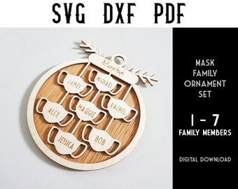 Masked Family Ornamente (Set 1 bis 7 Mitglieder) Individualisierbare Laser cut Dateien - SVG / Dxf / Laser Cutting / Glowforge