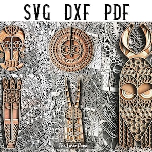 Laser Cut File Bundle - 5 African Mask Multilayer Mandala - SVG / Dxf / pdf / AI / Eps / Layered Mandala / Glowforge / Laser Cutting
