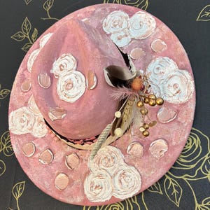 Light pink large brim hat hand texture paint that does not peal adjustable Light Pink Wide Brim Felt Hat for Women - Frisco Mercantile main image 2