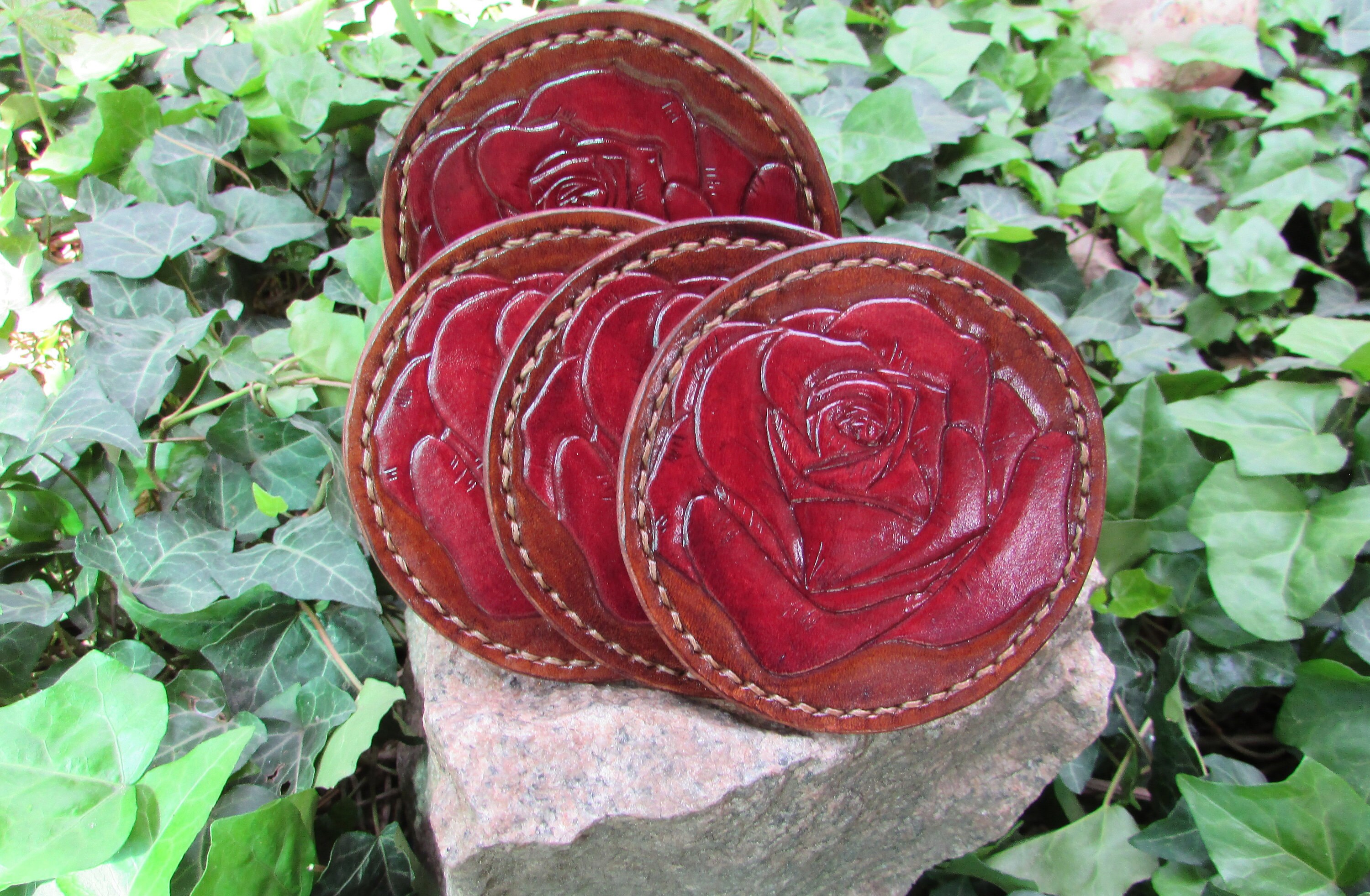 Tooled Coasters Leather tooled round cup holder Leather tooled Etsy