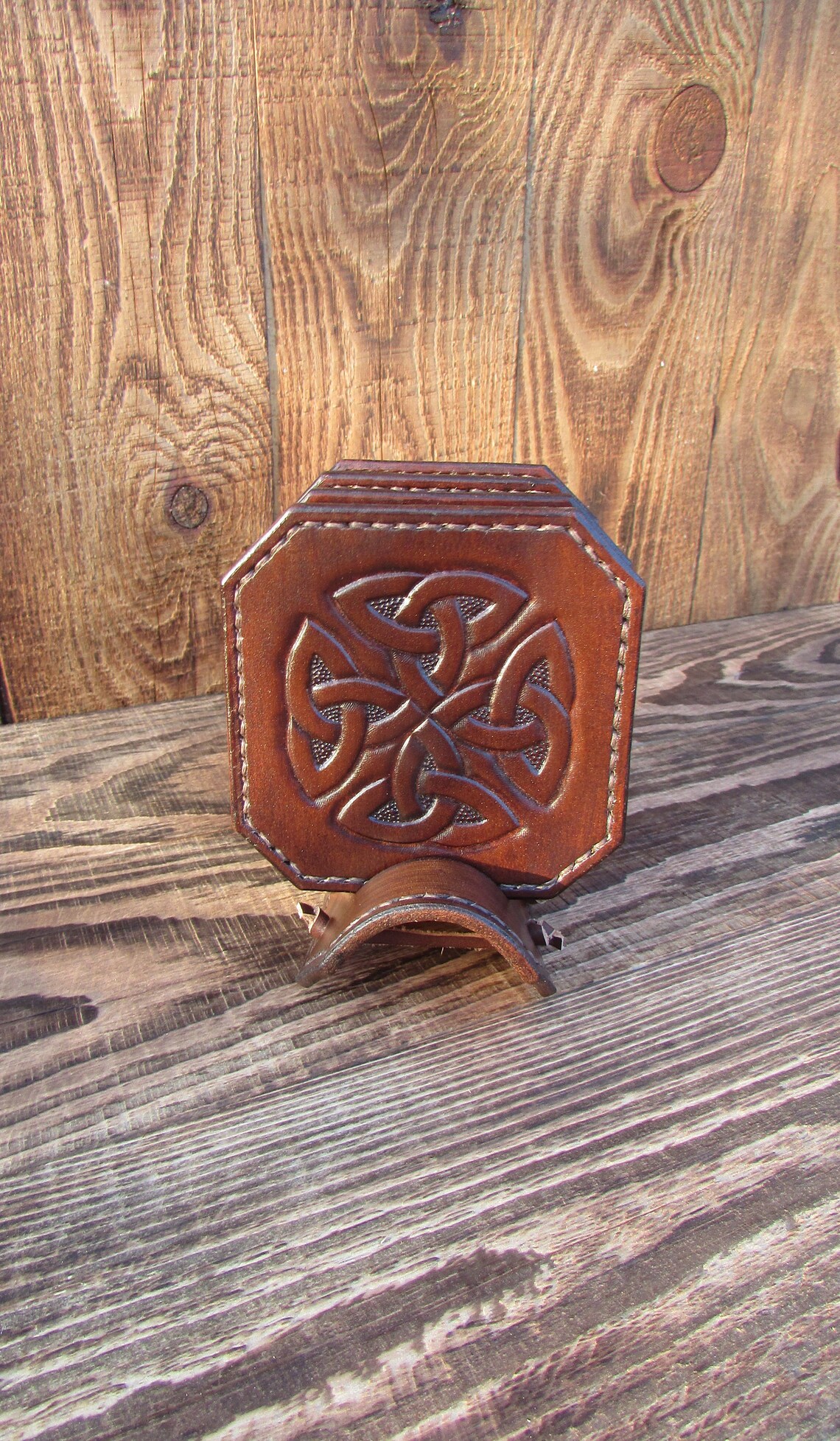 Set of 4 coasters with holder. Leather coasters embossed with Etsy