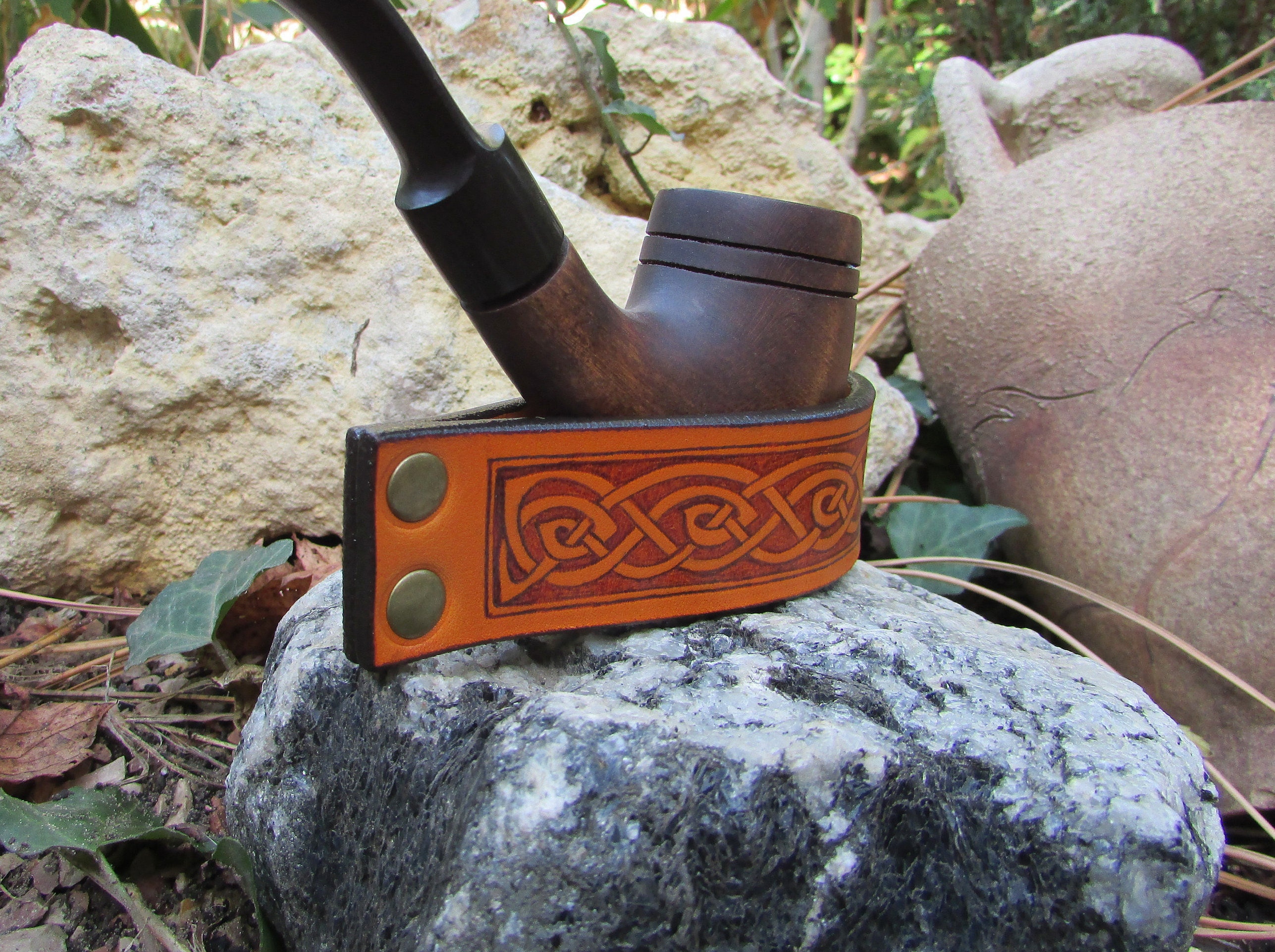 Leather pipe holder with a Celtic pattern. Pipe stand rack. Etsy