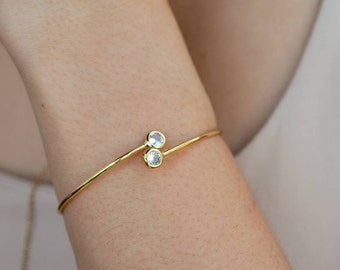 Gold Thin Bangle Cuff Adjustable Bracelet for Women with Pave Cz Diamond Imitation