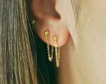 14k Gold filled chain earrings, Dainty Stud Earrings, double chain earrings, cartilage chain loop earrings, dangle earrings