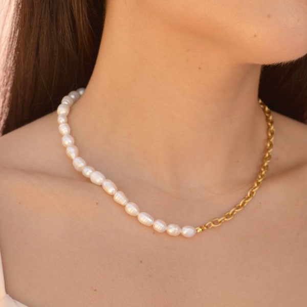 Pearl Beaded Necklace, Half Pearl Half Chain Necklace, Pearl Choker, Baroque Pearl, Chunky Pearl Necklace, Glam Pearl Necklace