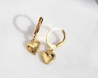 Gold Heart Earrings, Tiny Heart Earrings, Hoops Earrings with Charms, Huggie Earrings, Gift for her