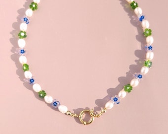 Pearl Flower Necklace, Millefiori Necklace, Pearl Choker, Bead Necklace for Men and Women