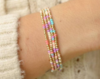 Colorful Beaded Bracelet, Miyuki Seed Beads Bracelet, Gold Stack Bracelet, Stacking Bracelet 2mm, Dainty Bracelet (Cotton Candy)
