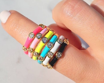 Kleurrijke emaille ring, gouden emaille stapelring, zirkonia ring, verstelbare emaille ringband, neon ringen