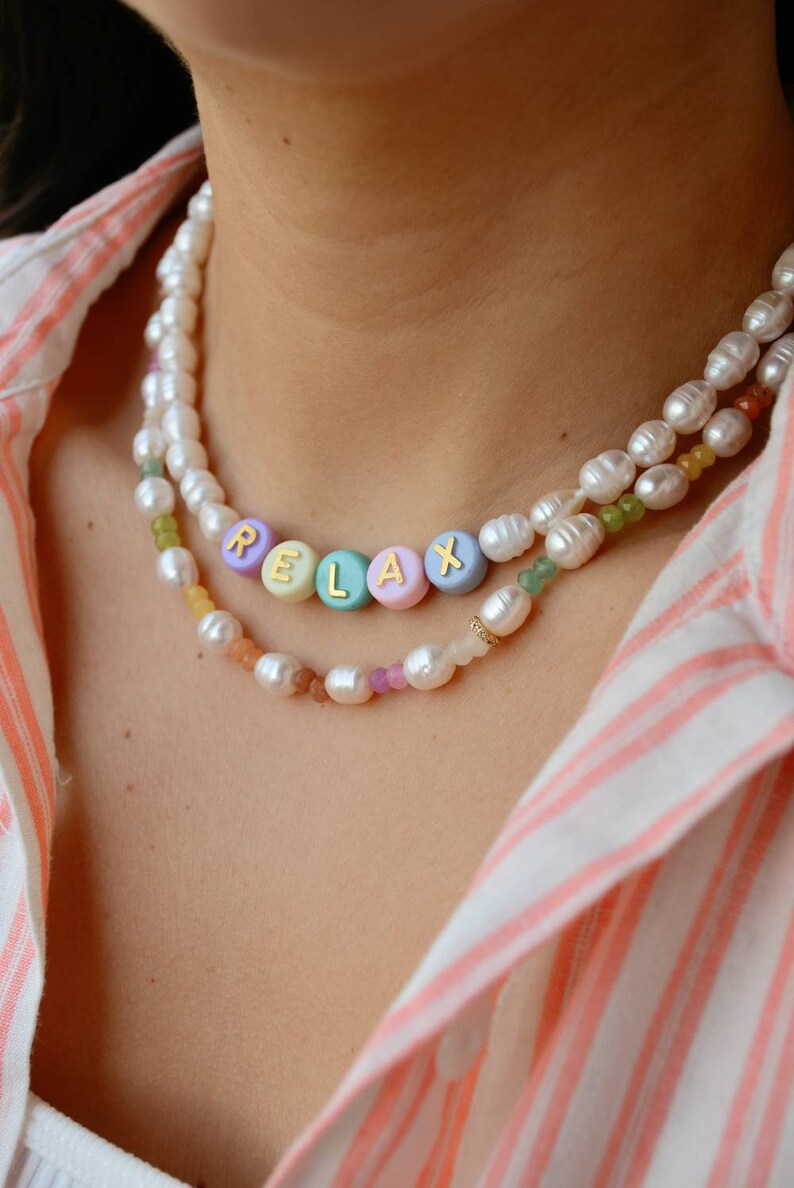 Pearl Initial Necklace Bead Letter Necklace Statement Etsy