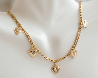 Gold Necklace with tiny heart charms, Dangle Heart Necklace, Layering Necklace, Dainty Necklace