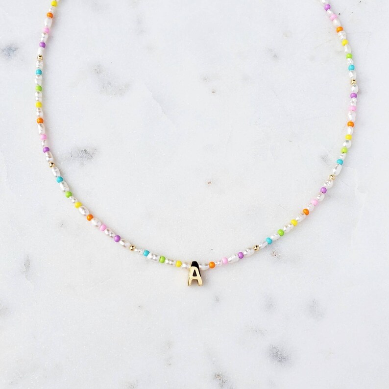 Gold Pearl Initial Necklace Letter Necklace Personalized Etsy