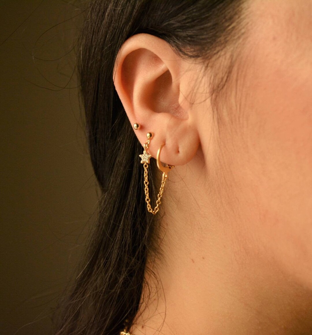 Star Double Piercing Earring, Chain Earrings, Star Earrings, Hoop