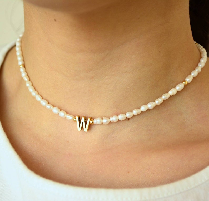 Gold Pearl Initial Necklace Letter Necklace Personalized Etsy