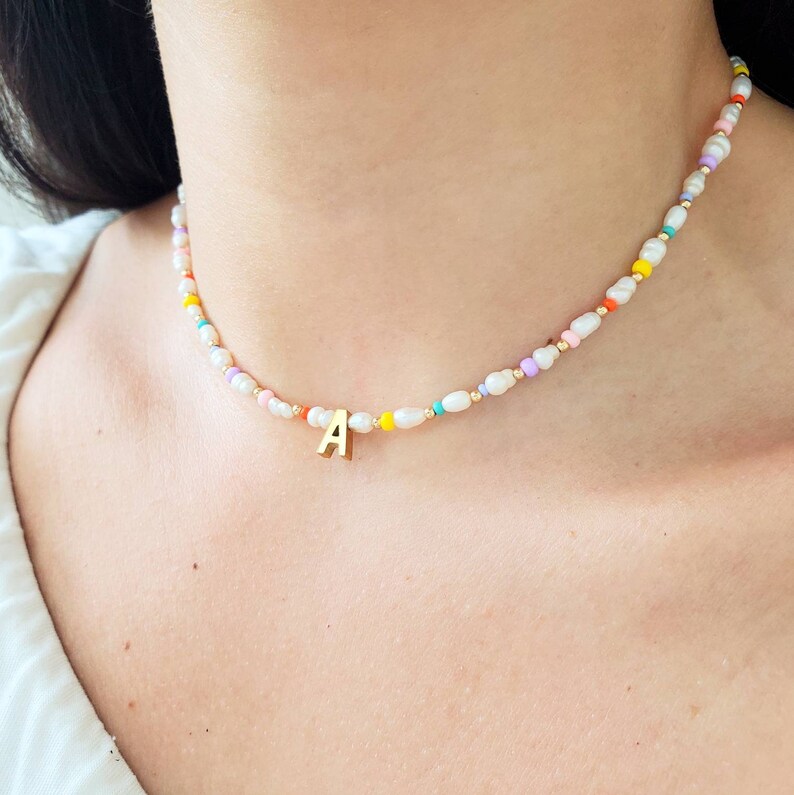 Gold Pearl Initial Necklace Letter Necklace Personalized Etsy