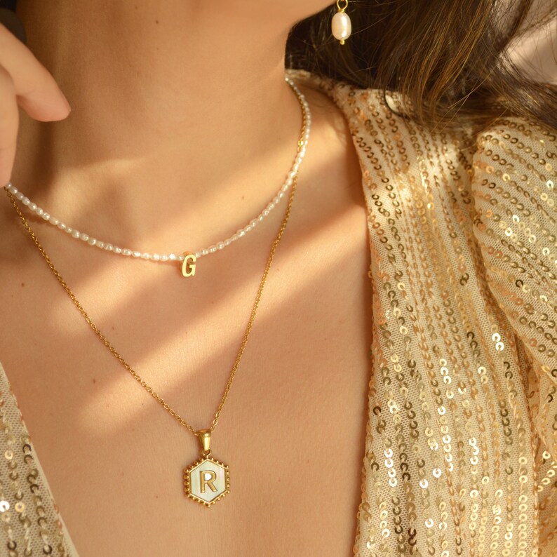 Gold Pearl Initial Necklace Letter Necklace Personalized Etsy
