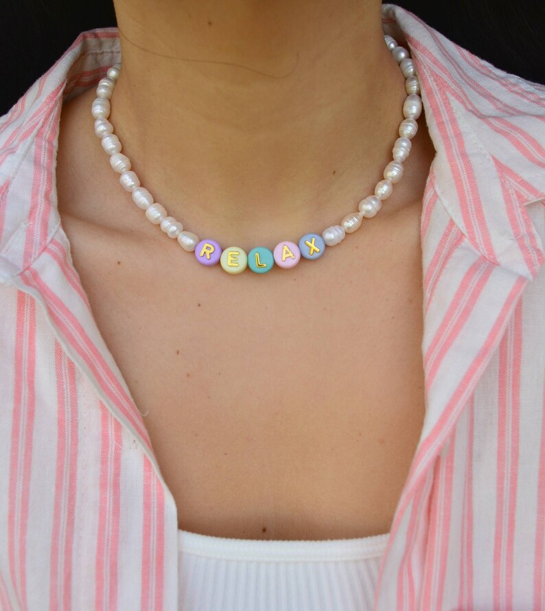 Pearl Initial Necklace Bead Letter Necklace Statement Etsy