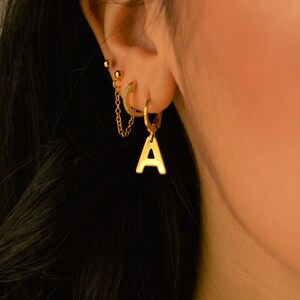 Initial Letter Earrings, Custom Hoop Earrings with charm, Dangle Initial Earring, Mismatch Earrings, Piercing Earring, Personalized Jewelry image 3
