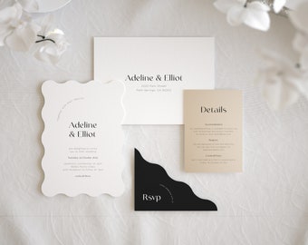 Wave Wedding Invitation Set, Monochrome Wedding Invitation, Minimalist Wedding Invitation Set, Modern Classic ARCH Invitation - Kamari