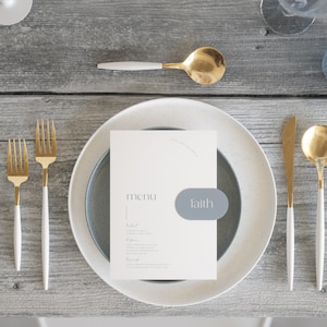 Dusty Blue Wedding Menu Card: Minimalist Arch Design