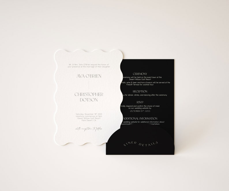 Wavy Wave Invitation Set Modern Wedding Event Invitation Monochrome Wedding Invitation Card Minimalist Wedding Invitation Onyx image 1