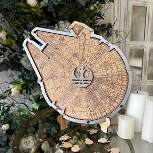 Alternativa al libro degli ospiti per matrimoni, cartello in legno per libro degli ospiti per matrimoni Millennium Falcon, libro degli ospiti Dropbox, libro degli ospiti per compleanni Millennium Falcon