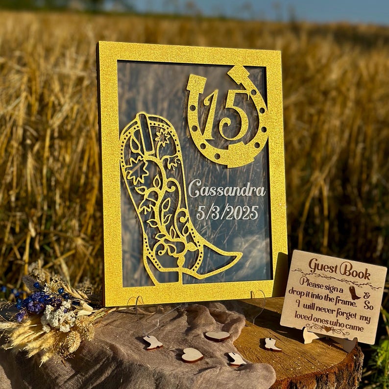 Wild West Quinceanera Guest Book Alternative Cowgirl Boot Shape Western Mis Quince Guestbook Horseshoe Mis Quince Charro Quinceanera Sign In image 4