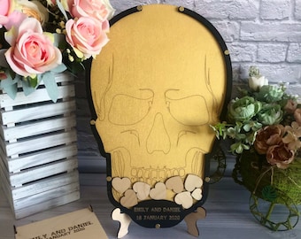 Alternativa del libro de visitas de la boda de las calaveras del azúcar, tema de la boda del cráneo, libro de visitas personalizado, libro de visitas de madera, libro de visitas del corazón, Halloween del libro de invitados