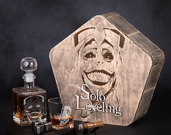Level Up Hunter Whiskey Gift Set – Custom Engraved Wooden Box with Glasses – Anime Inspired Whiskey Gift for Him – Barware Christmas Gift