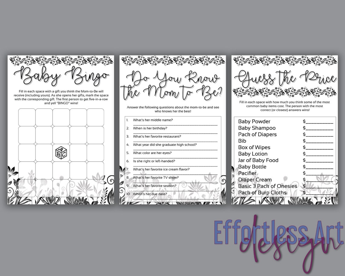Printable Baby Shower Games Bundle Black and White Baby | Etsy