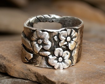 Handcrafted Floral Silver Ring - Oxidized Sterling Silver Unique Band Ring